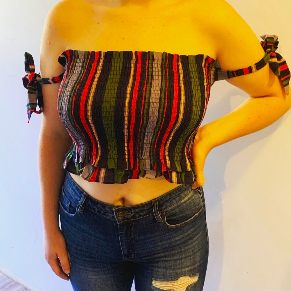 Cute summer off the shoulder striped top.